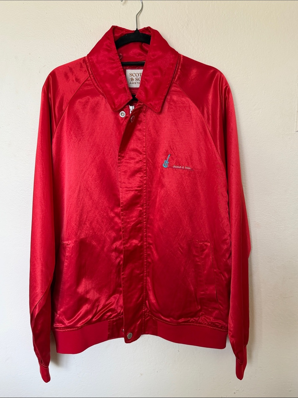 Scotch & Soda Red Satin Bomber Jacket with Embroidered Detail Size Large